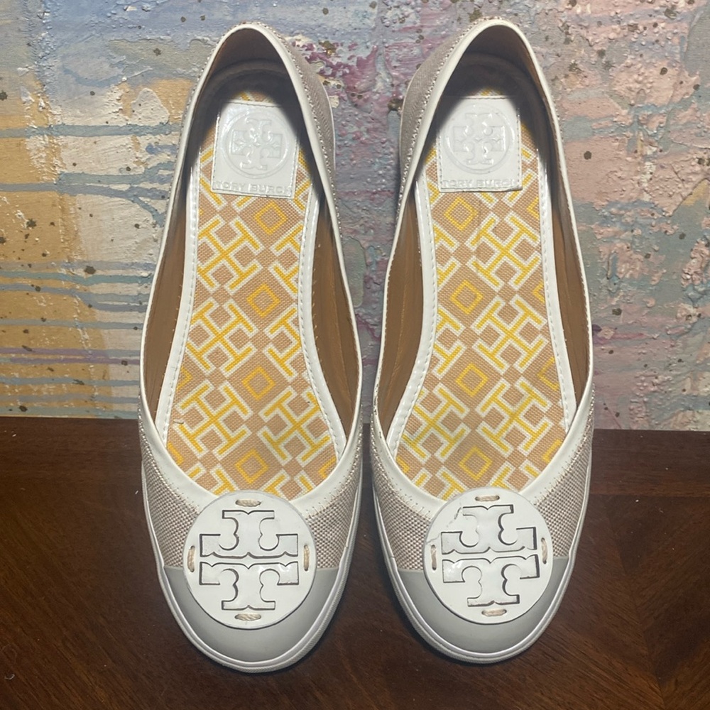 Tory Burch Channing Beige Slip on Sneakers Ballet Flats Canvas Shoes Women 8.5M - Picture 7 of 12